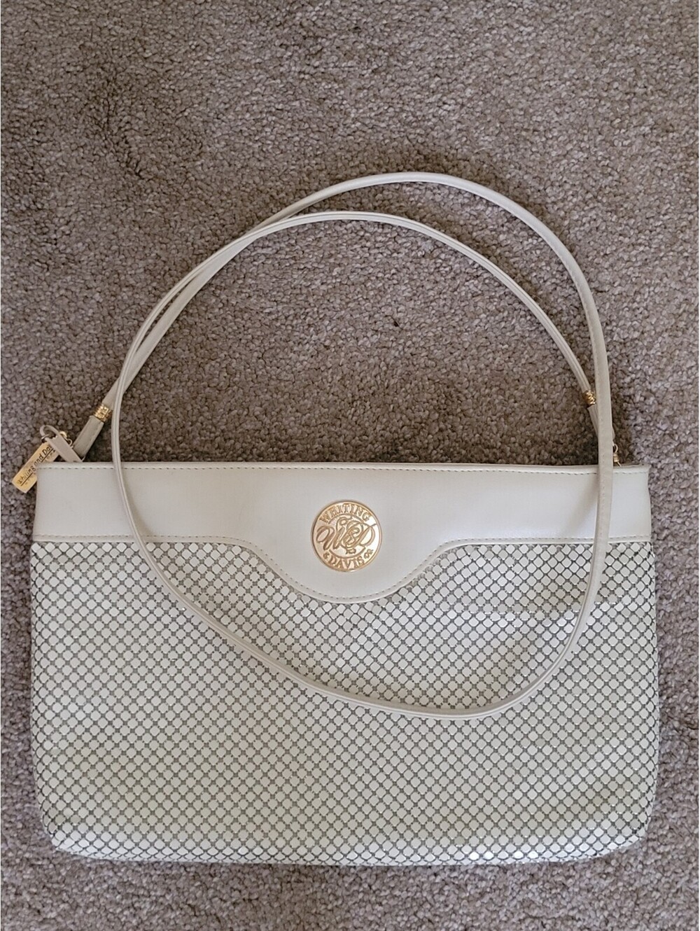VTG Whiting Davis Metal Mesh Shoulder Bag Cream Signature Logo Medallion Glam